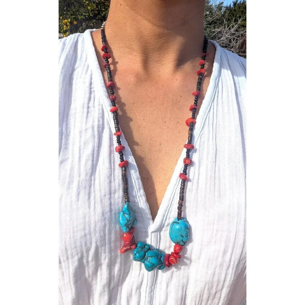 Vtg Turquoise & Red Coral Necklace Native American Style Silver Tone Handmade
